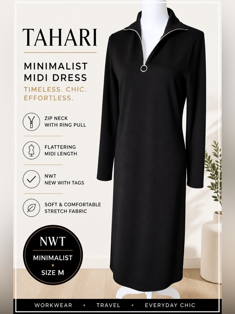 Tahari Black Minimalist Midi Dress Zip Neck Chic Office Capsule  NWT Size M